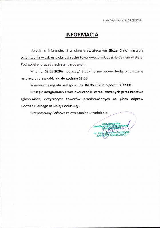 Pismo Oddziału Celnego w Białej Podlaskiej z 25 maja 2026 roku